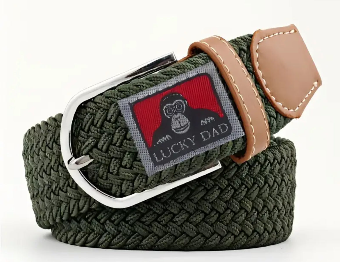 Cintura Elastica Intrecciata Unisex Lucky Dad con Fibbia e Dettagli in Pelle